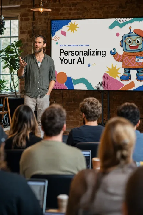 Kyle Kesterson teaching an AI session in a brick studio.